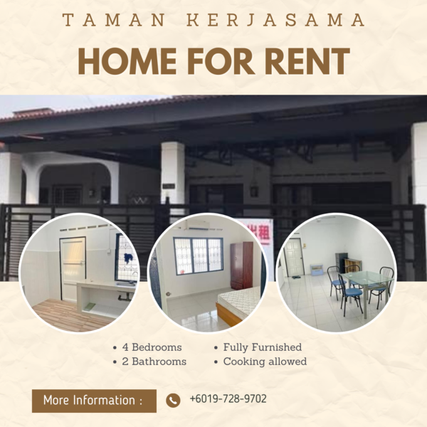Fully Furnished 1 Storey Terrace House @ Taman Kerjasama Bukit Beruang for Rent