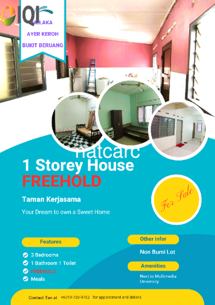 FREEHOLD 1 Storey Terrace house @ Taman Kerjasama Bukit Beruang Ayer Keroh for Sale