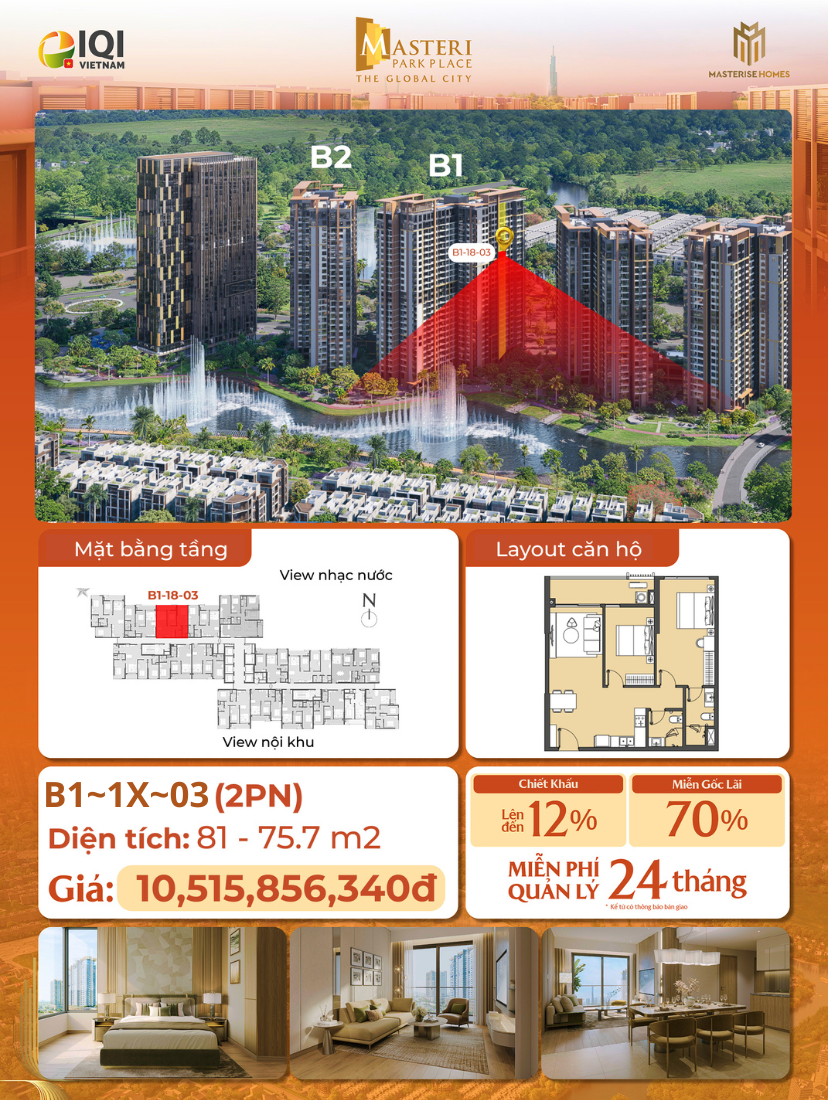 MASTERI PARK PLACE 2BEDROOMS, MUSICAL FOUNTAIN VIEW, PRICE 10.5B VND image