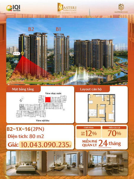 BÁN 2PN MASTERI PARK PLACE, VIEW NHẠC NƯỚC, GIÁ BÁN 10 TỶ