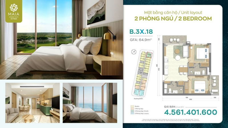 Maia Resort Ho Tram 2PN Căn Góc, Tầng Cao, Giá Bán: 4.5 Tỷ