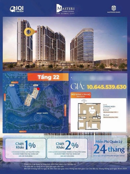 MASTERI COSMO CENTRAL, 2PN GÓC, TẦNG 22 - ĐẸP HIẾM, GIÁ BÁN: 10.6 TỶ